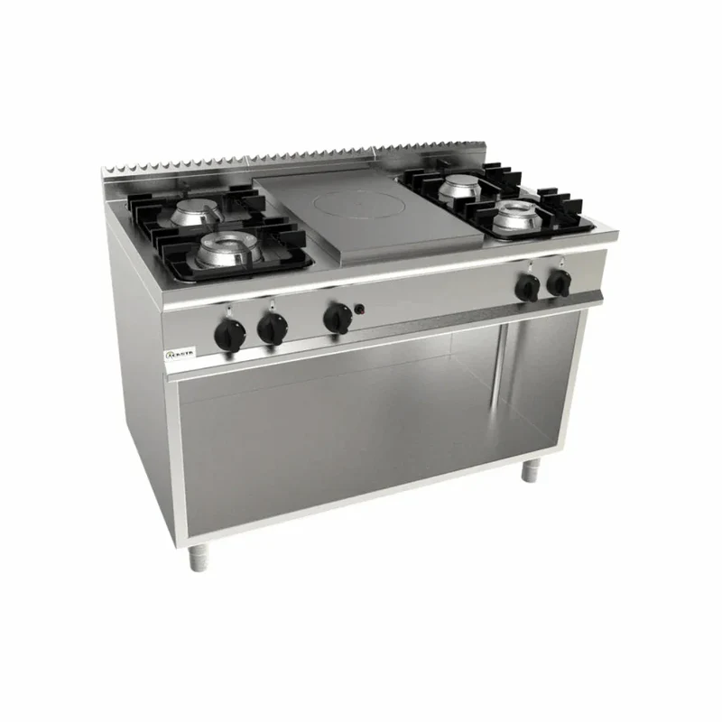 Cuisinière 4 feux + plaque coup de feu à gaz sur meuble ouvert