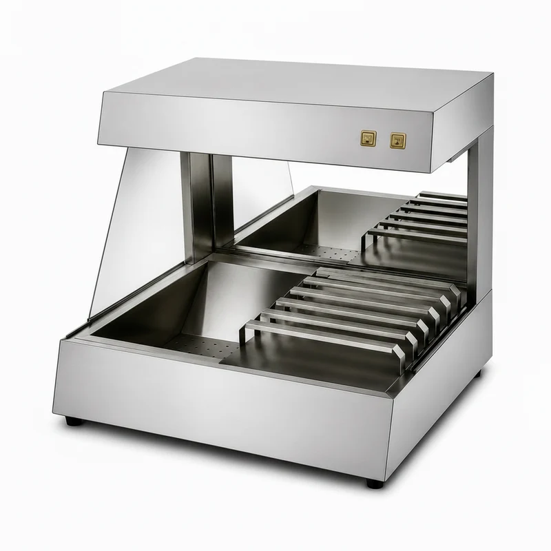 Présentoir chauffe-frites professionnel inox 750 W – Vitrine chauffante