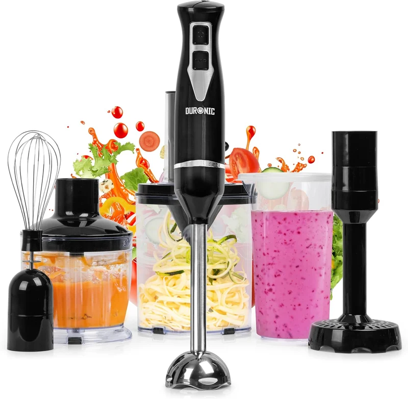 Duronic HB35 BUNDLE Mixeur plongeant à main 350W avec Presse-Purée Hachoir Fouet Spiraliseur | 2 Réglages de Vitesses | 2 lames et axe en inox | Idéal pour Soupe Pâtisserie Smoothie Purée Fruits Légumes
