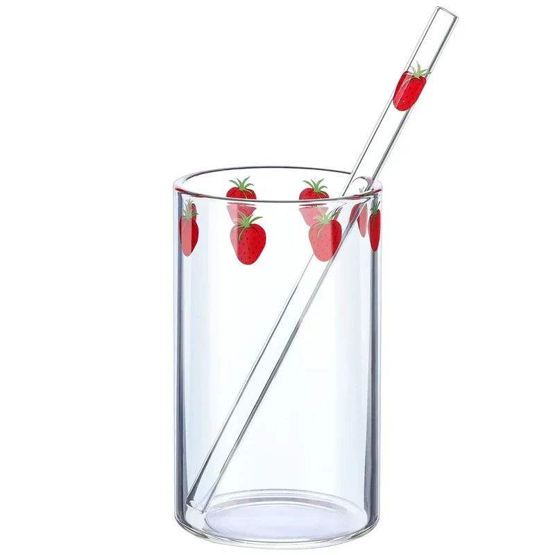 Verre 300 ml Borosilicate – Tasse Étanche avec Paille Design Fraise