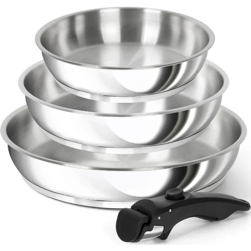Poêles Inox à Poignée Amovible – 3 Pièces