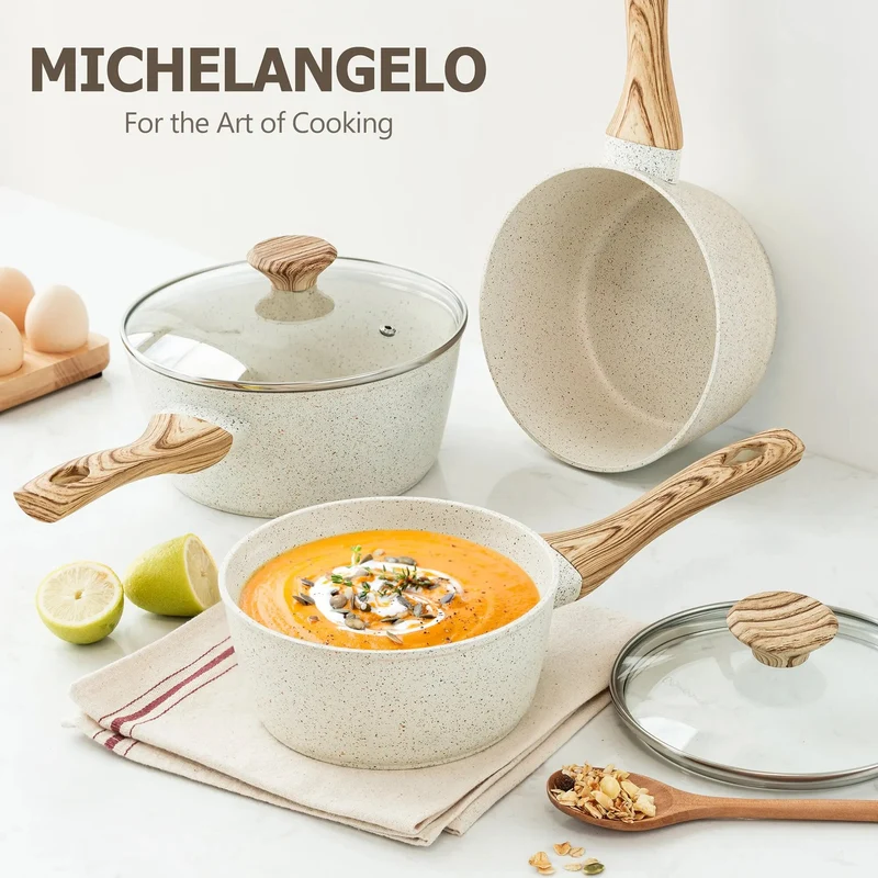Lot de 3 casseroles antiadhésives effet granit avec couvercles – Poignées anti-brûlure