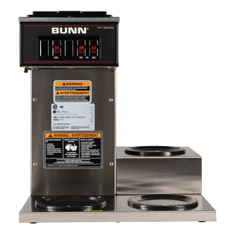 BUNN 13300.6005 VP17-3 Low Profile Coffee Brewer w 3 Lower Warmers, 12 Cup, Stainless Steel