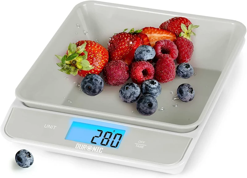 Duronic KS100 GY Balance de cuisine grise | Capacité de 5 kg | Bol de 1,2L inclus | Large écran rétroéclairé | Fonction d’ajout de poids | 4 capteurs précis | Idéale pour la pâtisserie ou comme balance postale