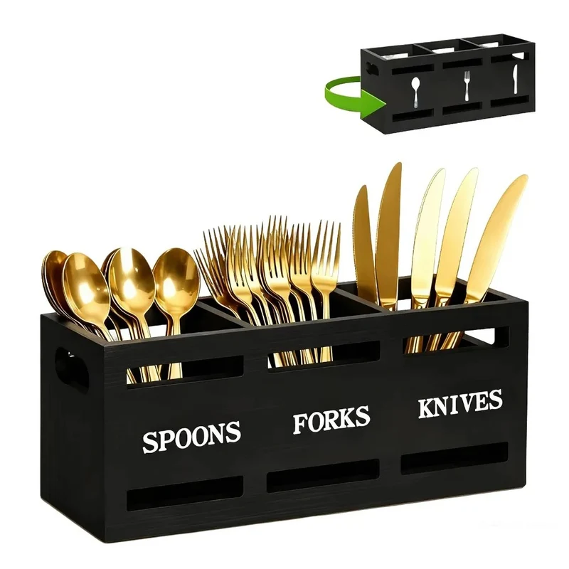 Porte-Couverts en Bois à 3 Compartiments