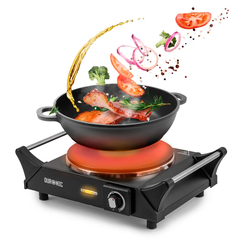 Duronic HP1 BK Plaque de cuisson électrique 1500W avec 1 foyer 20 cm Foyer en fonte Réchaud avec thermostat réglable Poignées ergonomiques Pieds antidérapants Idéal pour camping