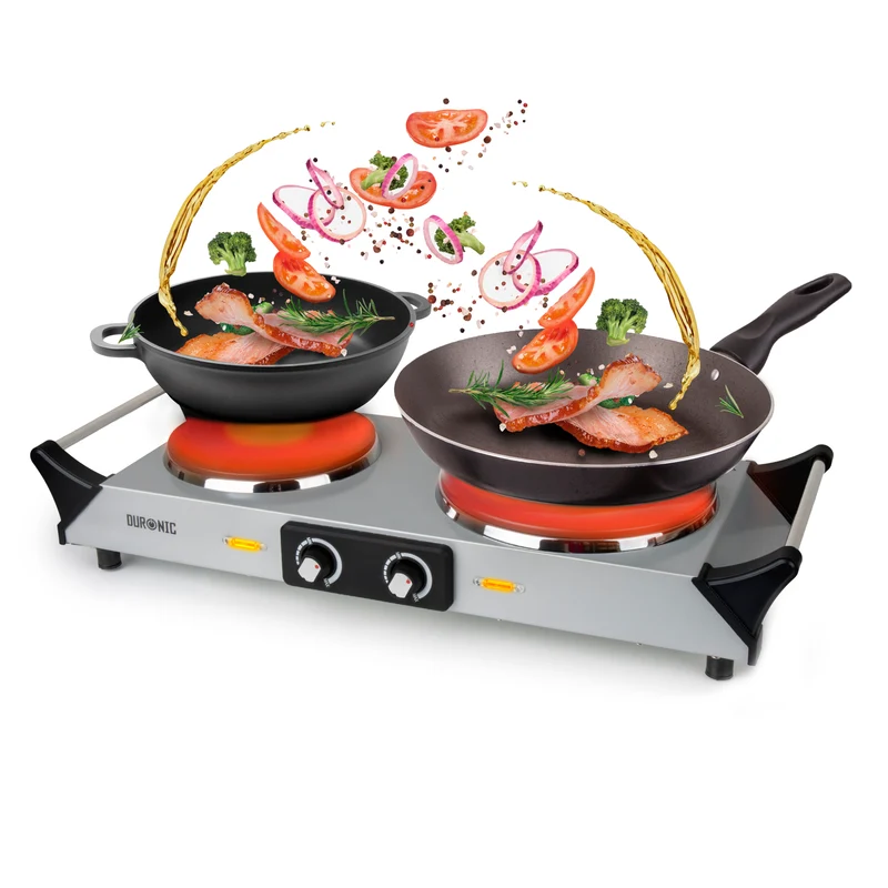 Duronic HP2 SS Plaque de cuisson électrique 2500W avec 2 foyers 20 et 15 cm Foyers en fonte 20 et 15 cm Réchaud avec thermostat réglable Poignées ergonomiques Pieds antidérapants Idéal pour camping