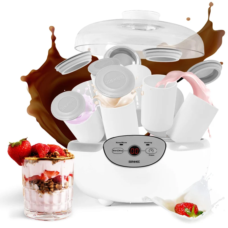 Duronic YM2 Yaourtière électrique programmable 8 pots de 125 ml Machine à yaourt avec Thermostat et Pots en Céramique Préparer des yaourts et desserts faits-maison