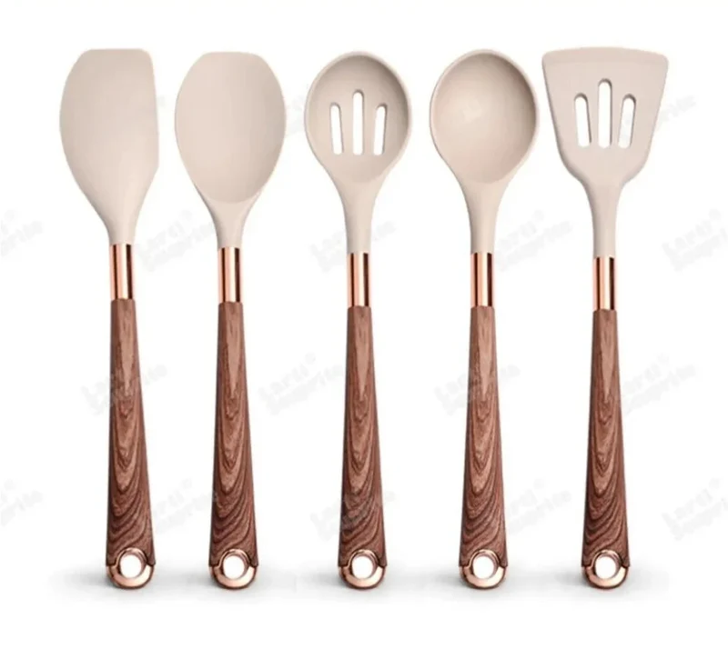 Set d’ustensiles de cuisine en silicone antiadhésif avec poignée dorée – sans BPA et résistants à la chaleur