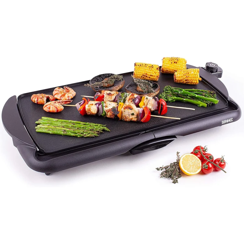 Duronic GP20 Plancha électrique antiadhésive XL 6 à 8 personnes 2000W 52 x 27 cm avec thermostat et bac à jus amovible Cuisson sans ajout de matière grasse idéal pour soirée en famille et amis