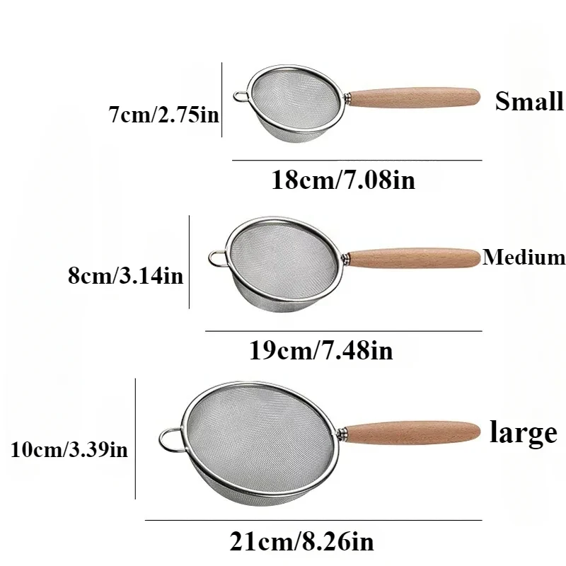 Tamis de Cuisine en Inox 304 avec Poignée en Bois pour Tamiser Farine, Filtrer Sauces et Bouillons