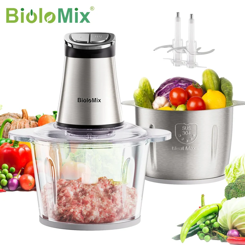 Hachoir électrique multifonction BioloMix 3L - 300W avec 2 bols (inox + verre)