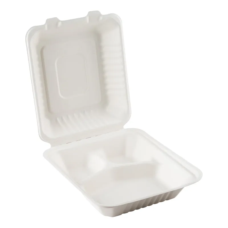 Eco-Packaging Compostable 3 Compartment Sugarcane Clamshell, White (200-pack)